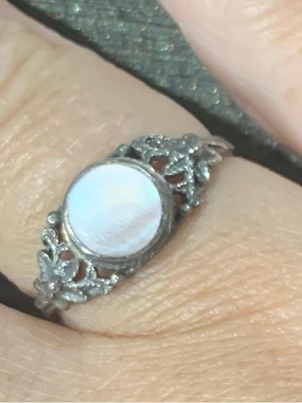 Delicate Filigree Ring with Light Pink Opalescent Stone